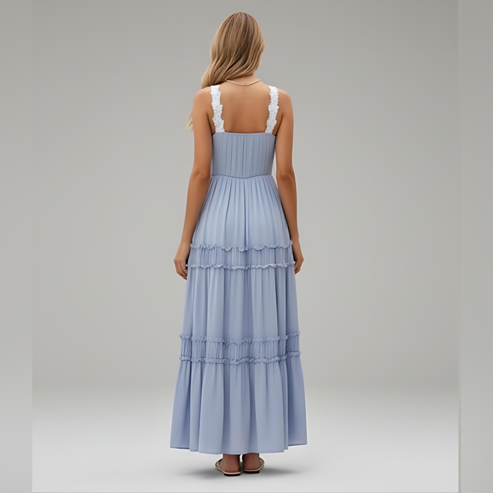 Boho Lace A-Line Flounce Hem Dress Blue - Picture 4 of 12